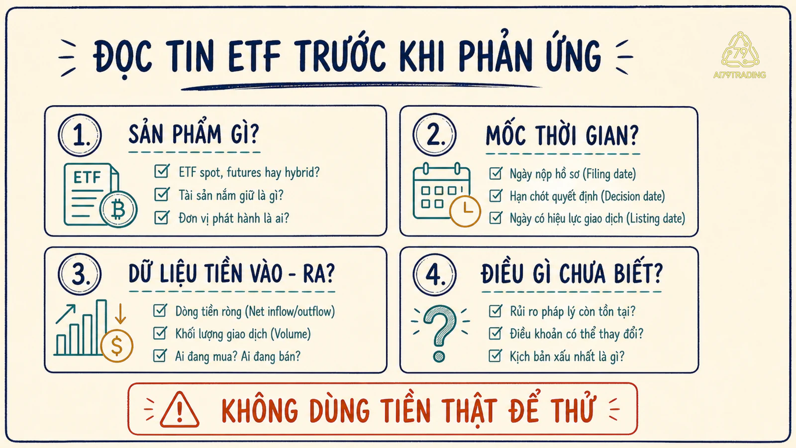 Checklist bốn ô kiểm tra loại sản phẩm, mốc thời gian, dòng tiền và điều chưa biết trước khi đọc tin ETF