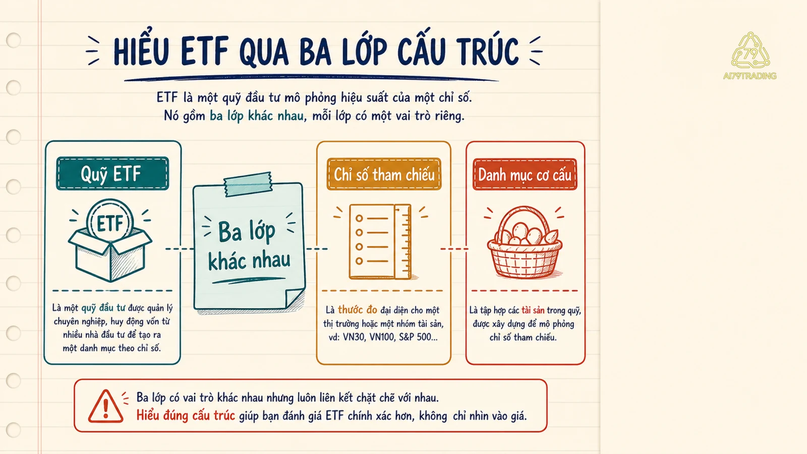 Ba lớp quỹ ETF, chỉ số tham chiếu và danh mục cơ cấu được minh họa riêng