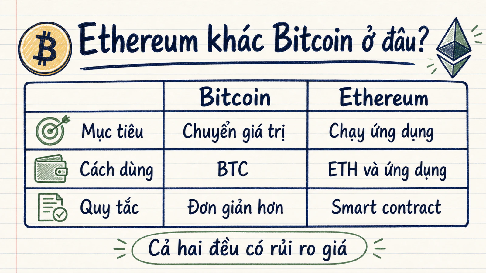 Bảng so sánh Ethereum và Bitcoin theo mục đích, đơn vị mạng và cách tương tác