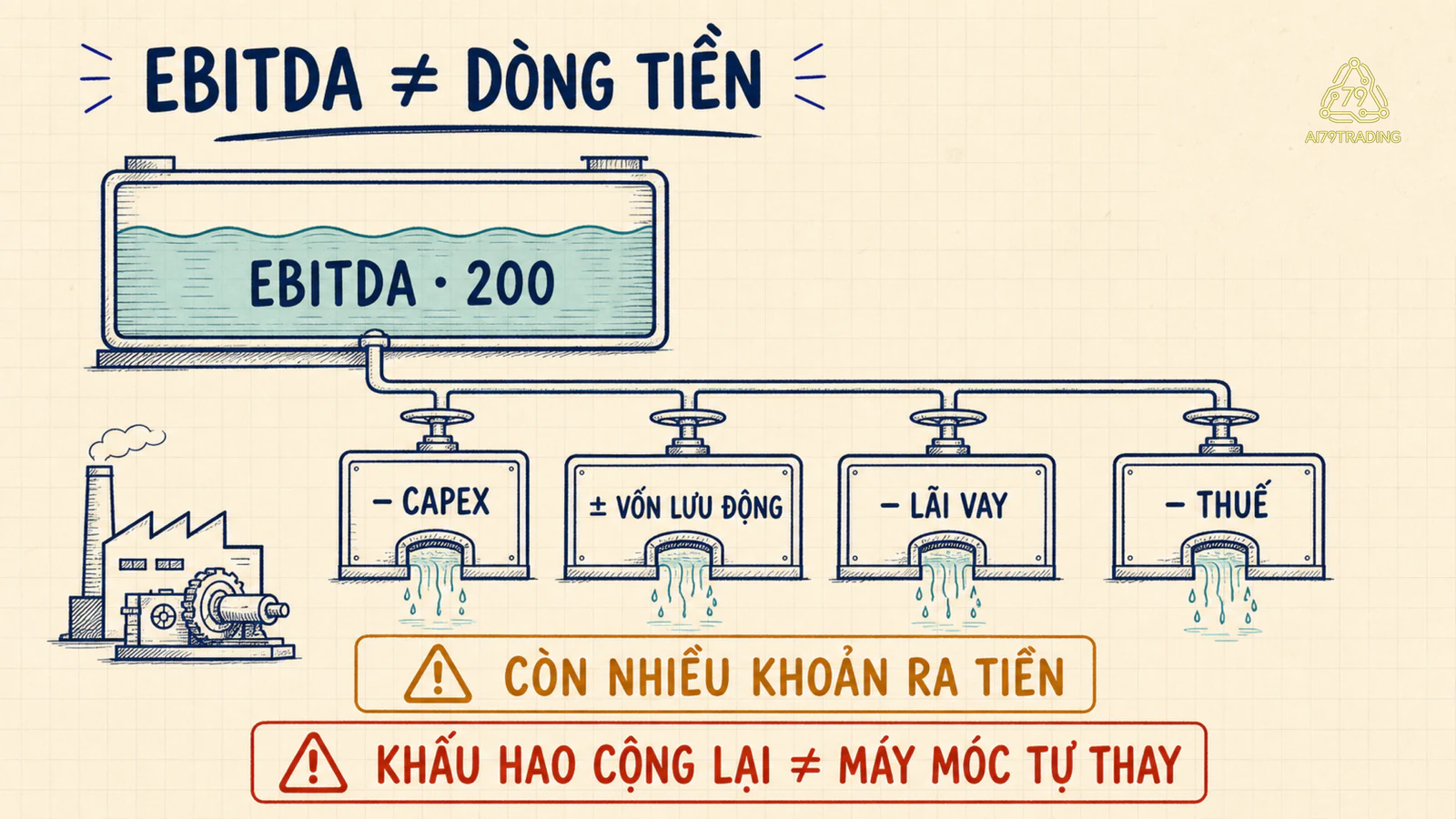 Dòng EBITDA 200 đi qua các khoảng trống capex, vốn lưu động, lãi vay và thuế để cho thấy EBITDA không phải dòng tiền