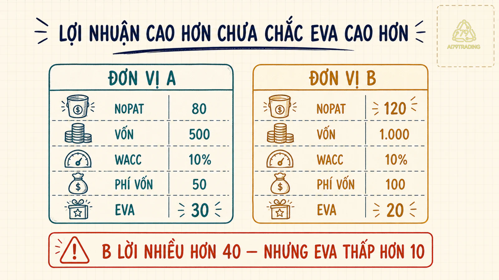 Hai đơn vị A và B đối chiếu NOPAT, vốn đầu tư, phí vốn, EVA và ROIC