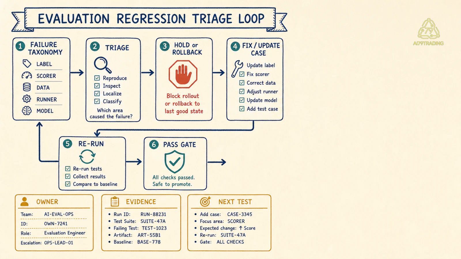 Regression triage loop từ failure taxonomy đến hold, rollback và test mới