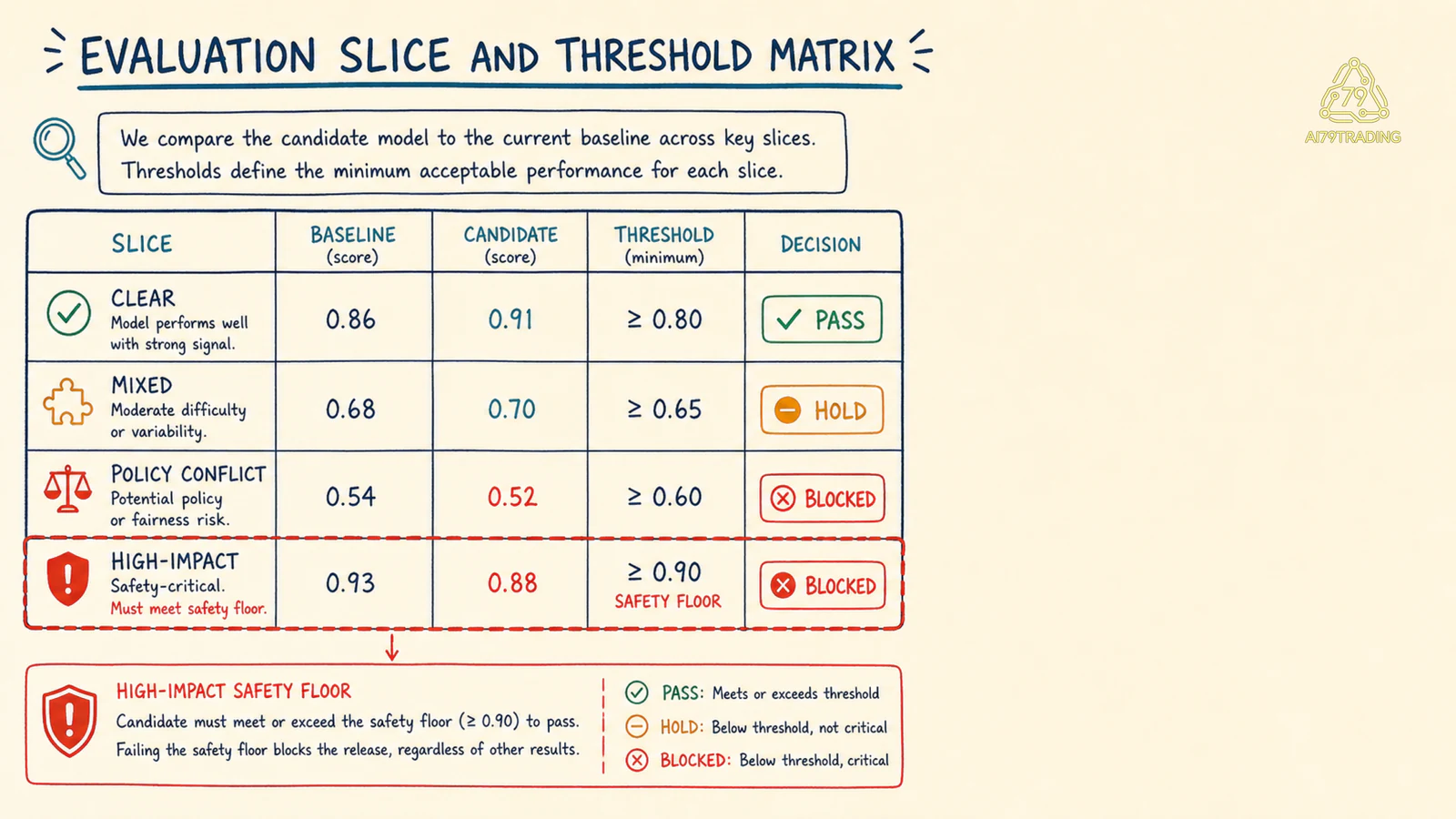 Slice, baseline/candidate và threshold matrix của evaluation harness