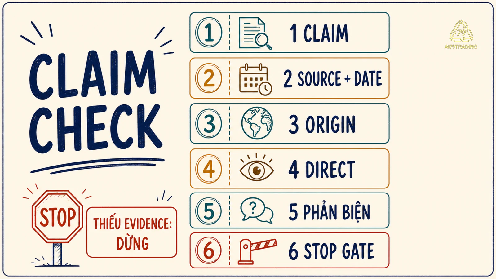 Checklist sáu bước từ claim qua source, date, counter-evidence đến stop gate