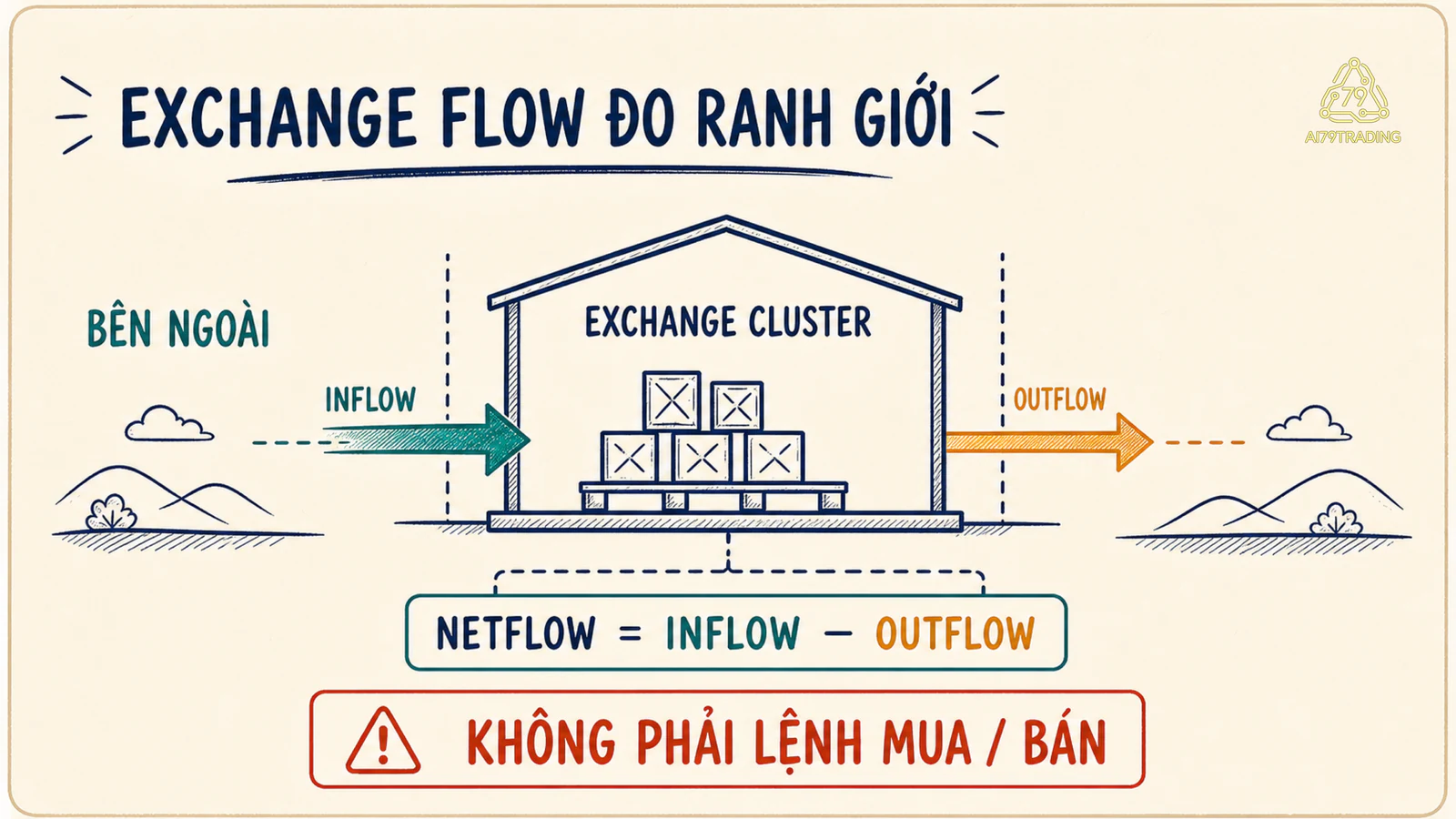 Sơ đồ ranh giới cụm ví sàn với inflow đi vào, outflow đi ra và công thức netflow