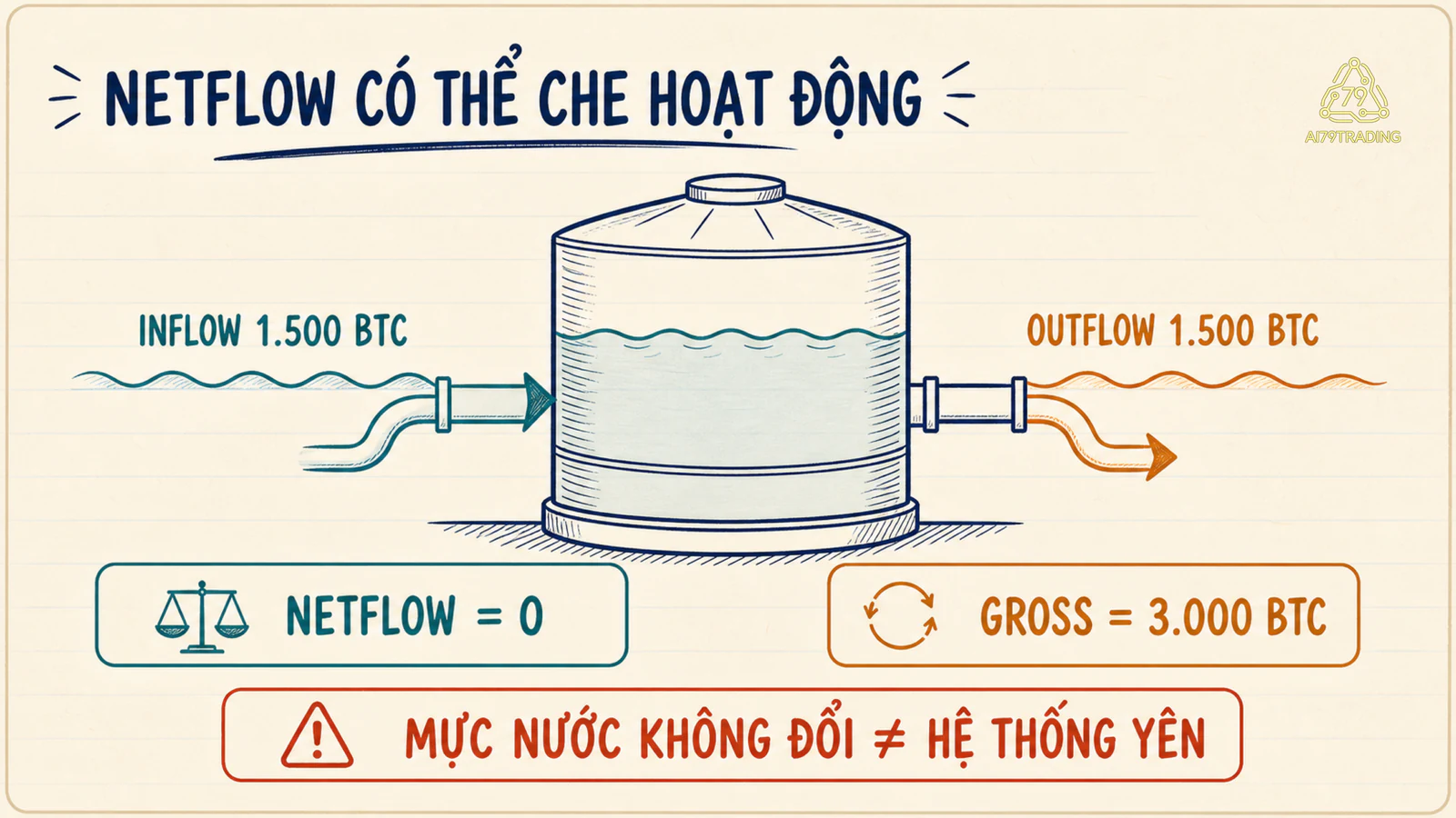 Sơ đồ so sánh inflow và outflow cùng một nghìn năm trăm BTC tạo netflow bằng không nhưng gross activity ba nghìn BTC