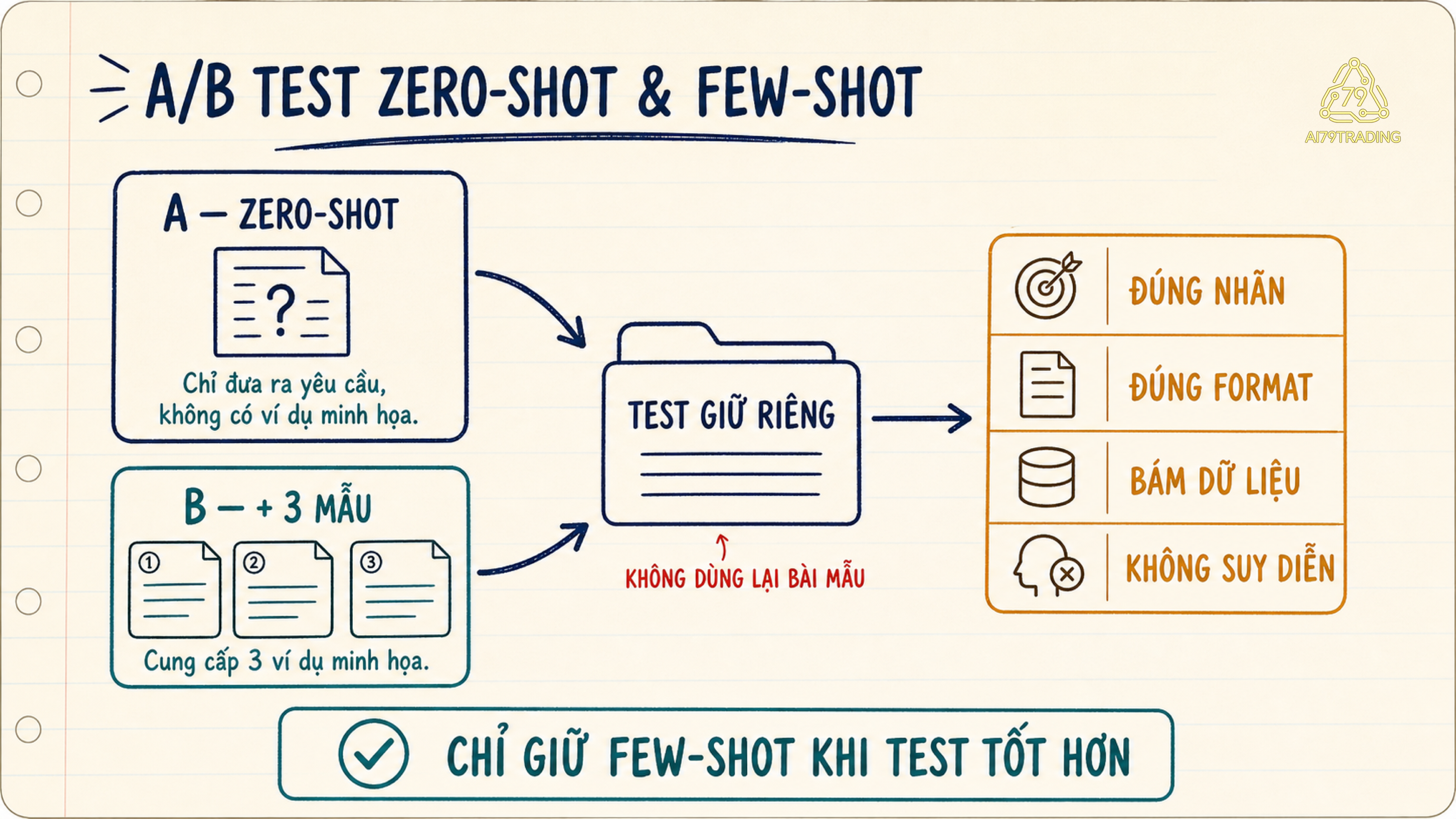 A/B test zero-shot và few-shot trên cùng bộ test giữ riêng