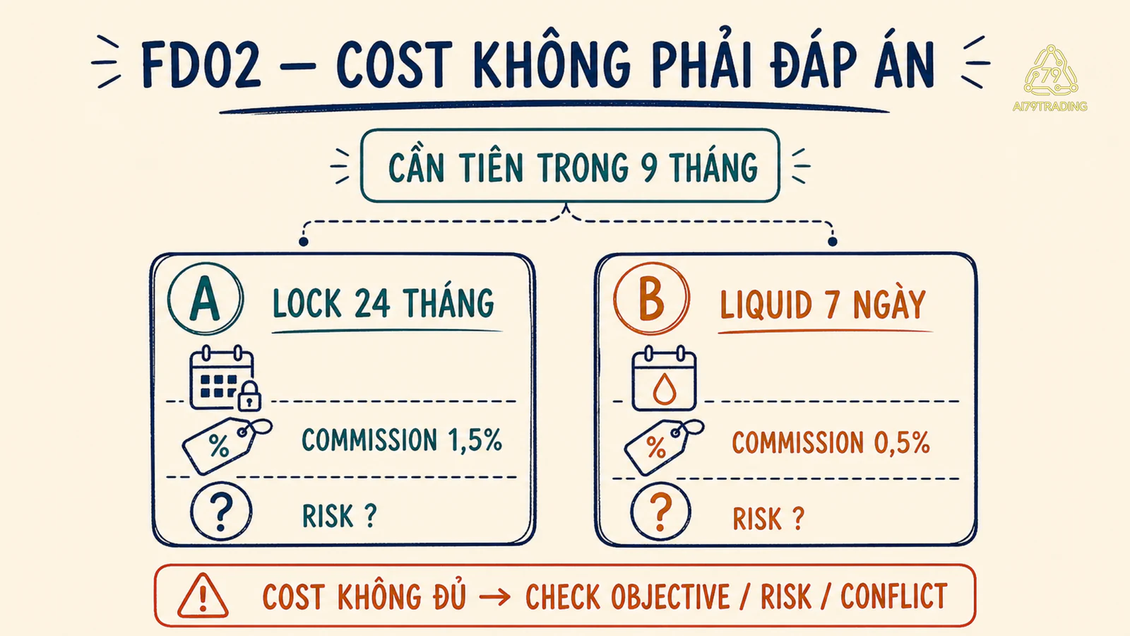 Hai phương án giả lập khác thời gian khóa và hoa hồng nhưng cùng thiếu dữ kiện rủi ro