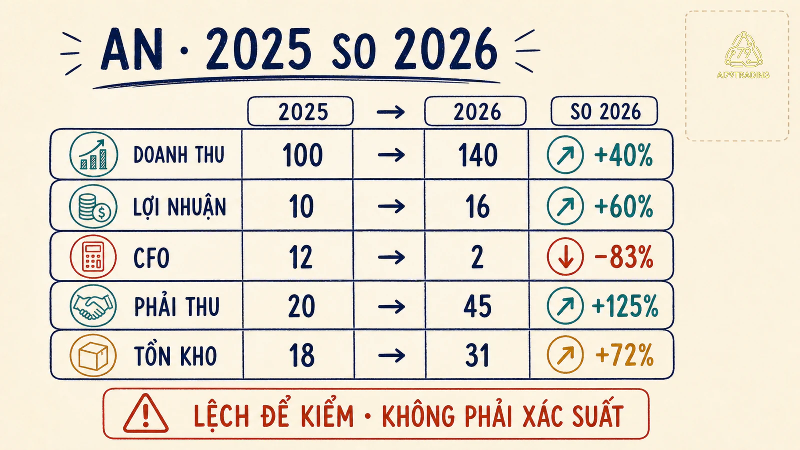 Bảng so sánh An năm 2025 và 2026 với doanh thu, lợi nhuận, dòng tiền, phải thu và tồn kho