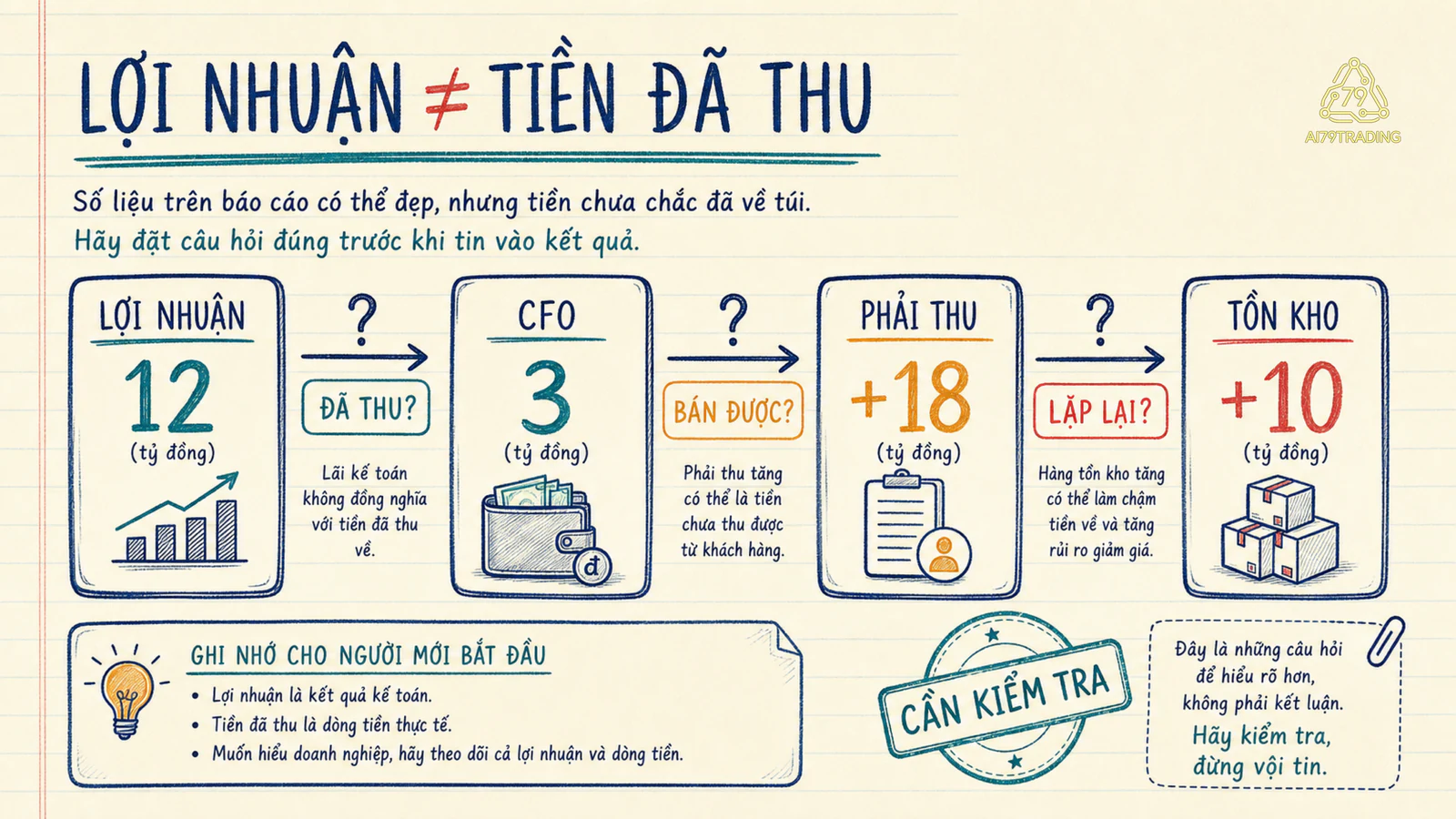 Số liệu giả lợi nhuận 12, CFO 3, phải thu 18 và tồn kho 10 cùng các câu hỏi kiểm tra