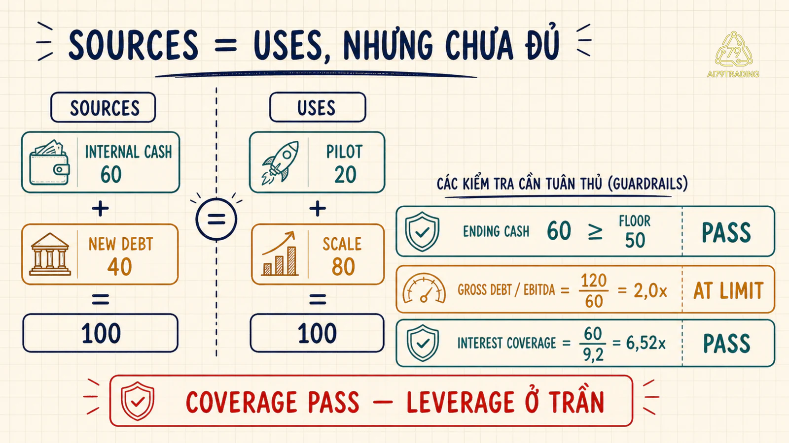 Sơ đồ sources và uses một trăm kèm cash floor, debt to EBITDA và interest coverage