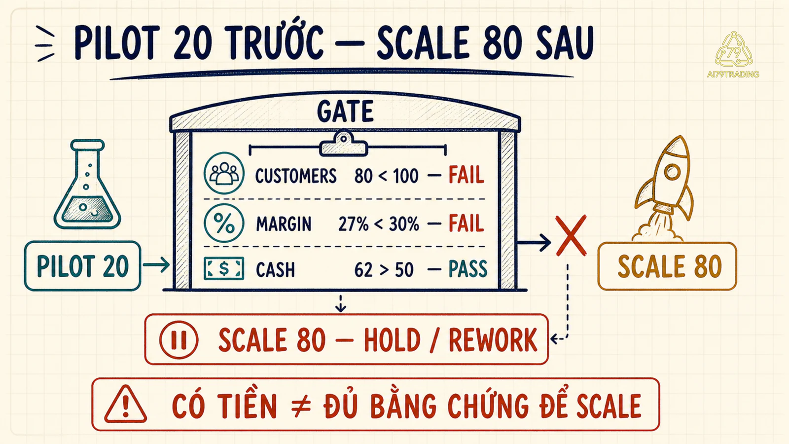 Stage gate pilot hai mươi có hai chỉ số fail và cash pass nên scale tám mươi bị hold