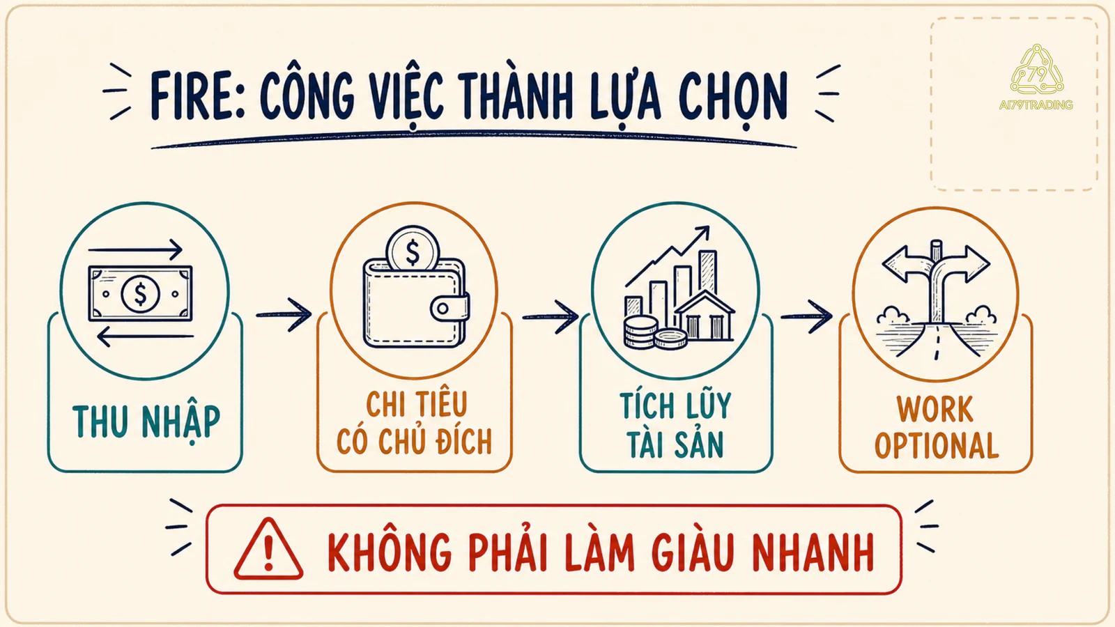Sơ đồ dòng tiền từ thu nhập qua chi tiêu và tích lũy tới khối tài sản giúp công việc trở thành lựa chọn