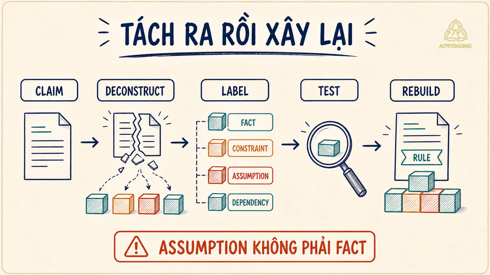 Flow tách claim thành bốn nhãn rồi test và rebuild