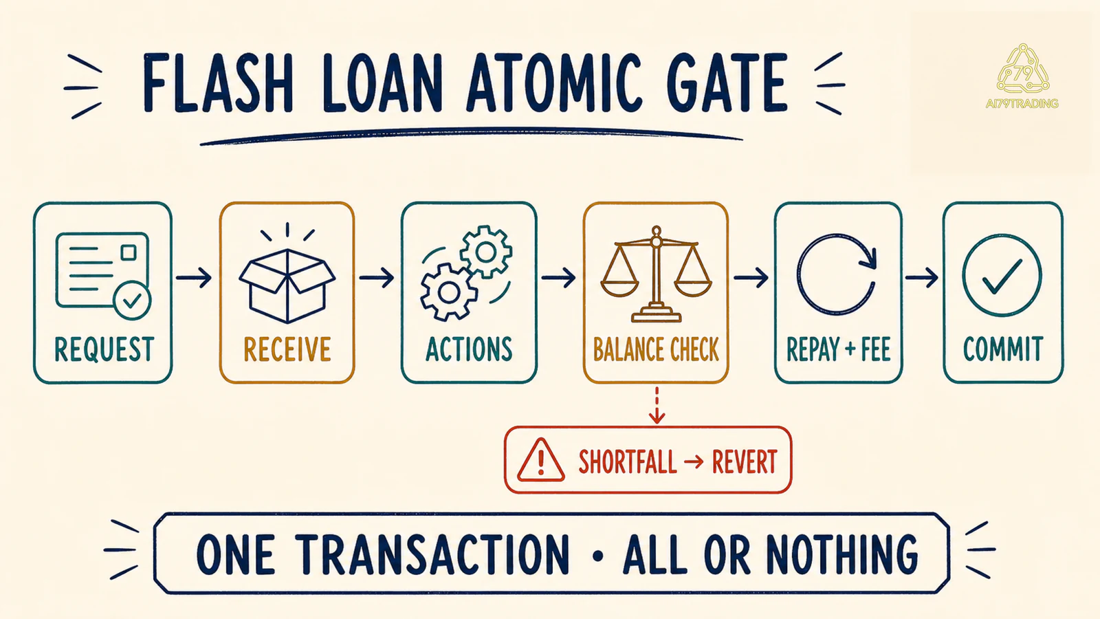Sơ đồ flash loan qua cổng nguyên tử từ yêu cầu, nhận tài sản, thực hiện tác vụ tới hoàn trả hoặc revert