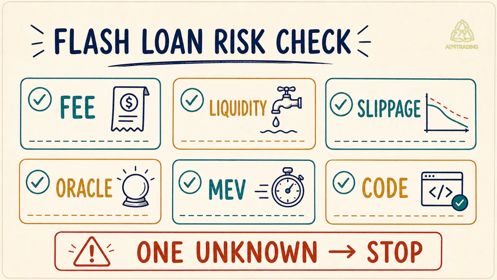 Thẻ rủi ro flash loan gồm phí thanh khoản trượt giá oracle MEV lỗi hợp đồng và điểm dừng
