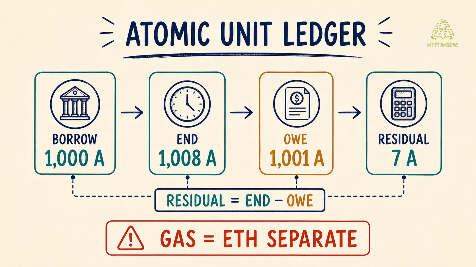 Sổ đơn vị flash loan với 1000 A thành 1008 A, hoàn trả 1001 A, còn 7 A và gas ETH tách riêng