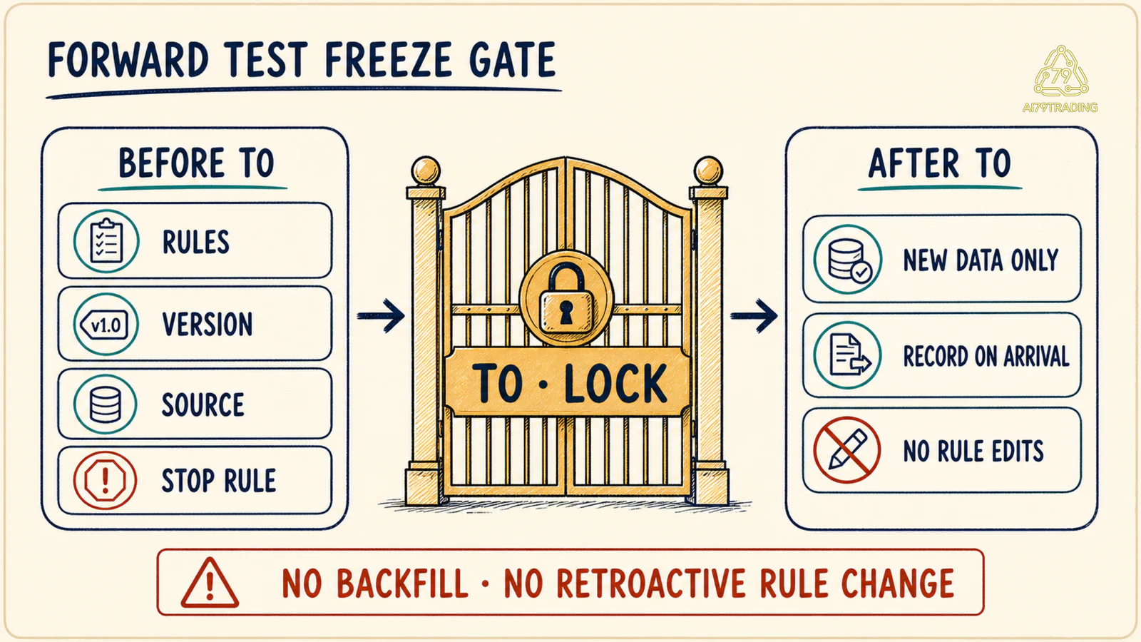 Forward Test Freeze Gate tách phần thiết kế trước T0 khỏi dữ liệu mới và log sau T0