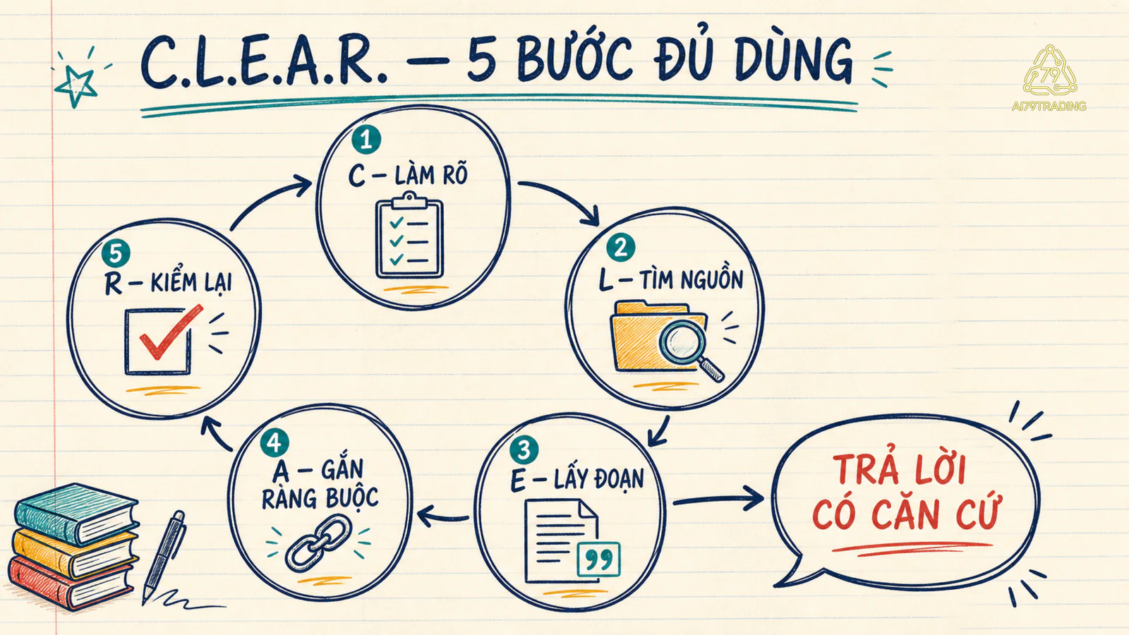 Vòng C.L.E.A.R. gồm năm bước làm rõ, tìm nguồn, lấy đoạn, gắn ràng buộc và kiểm lại.
