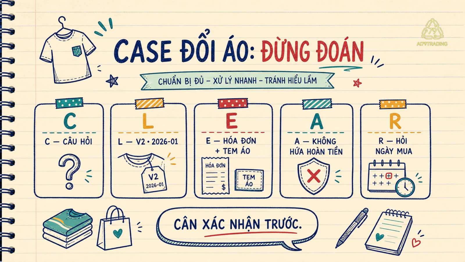 Một phiếu C.L.E.A.R. biến câu hỏi đổi áo thành nguồn có ngày, điều kiện và câu hỏi cần xác nhận.