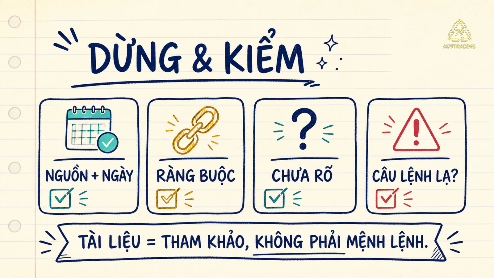Checklist dừng và kiểm khi thiếu nguồn, thiếu ngày, có ràng buộc mơ hồ hoặc xuất hiện câu lệnh lạ.