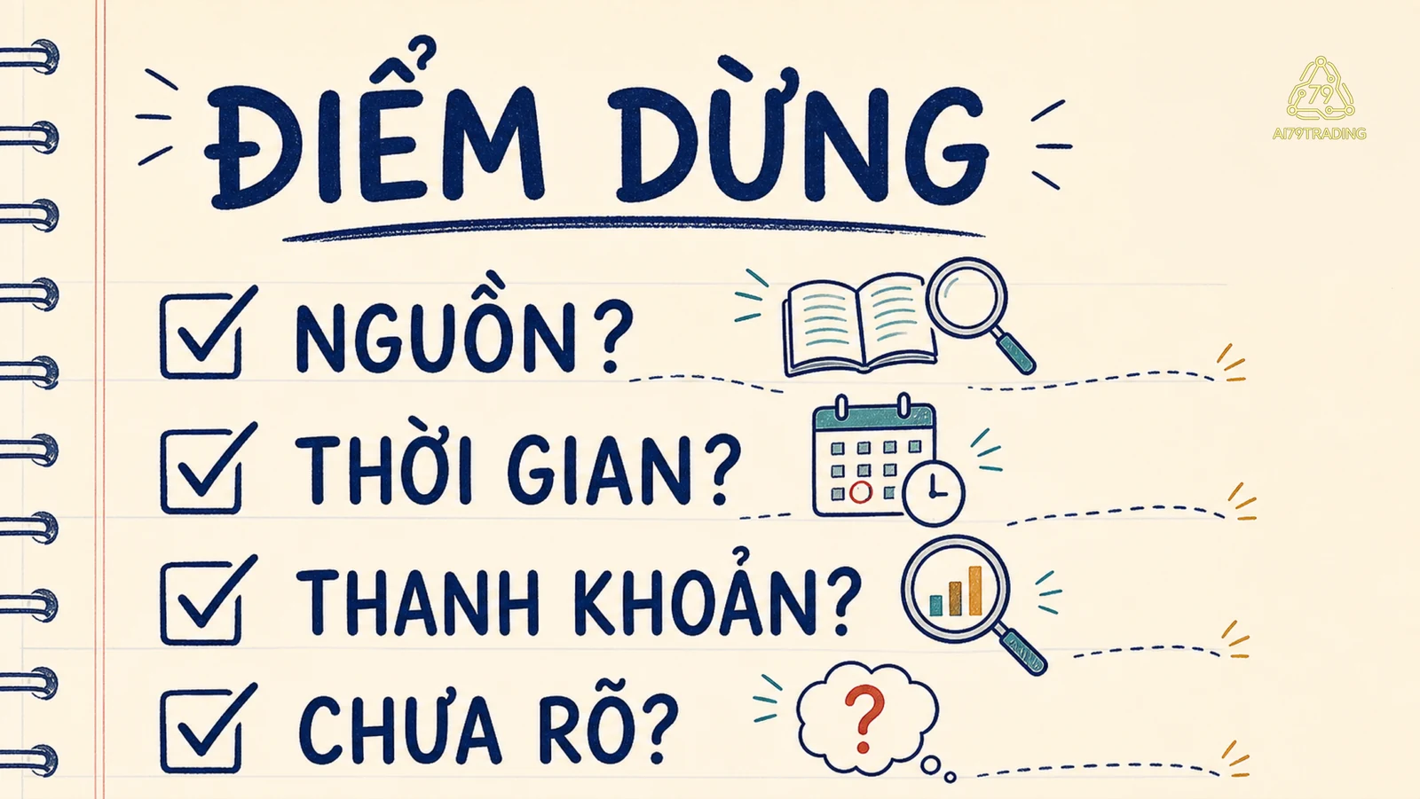 Checklist điểm dừng với nguồn, thời gian, thanh khoản và phần chưa rõ