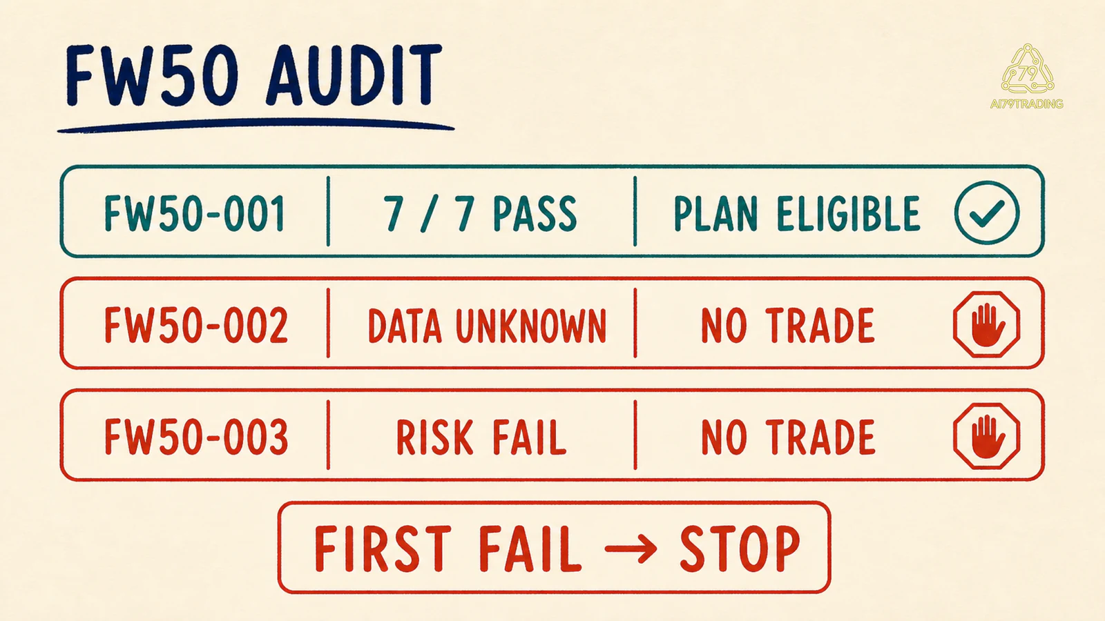 Bảng audit FW50 với pass, data unknown và risk fail