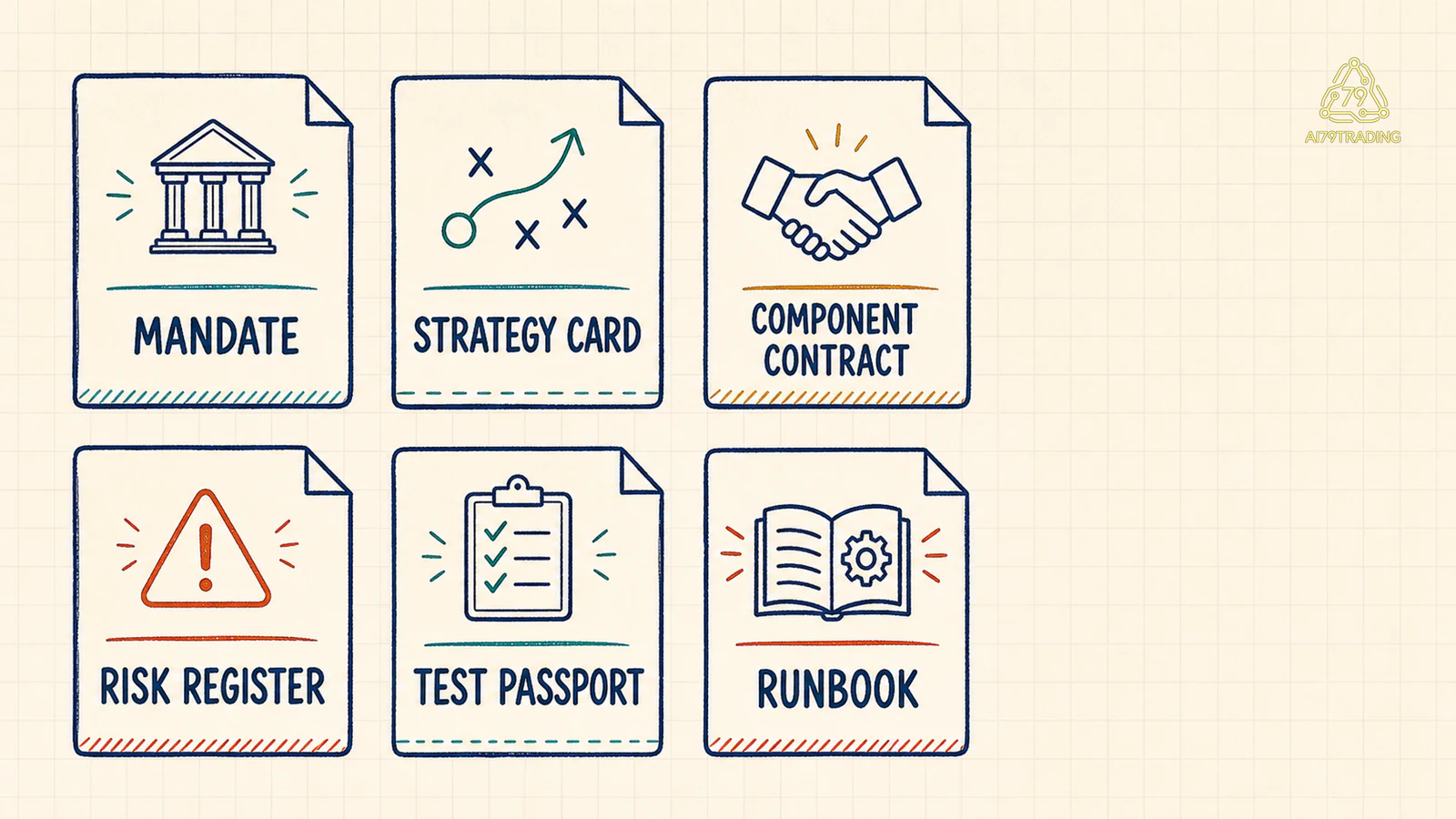 Sáu hồ sơ mandate, strategy card, component contract, risk register, test passport và runbook