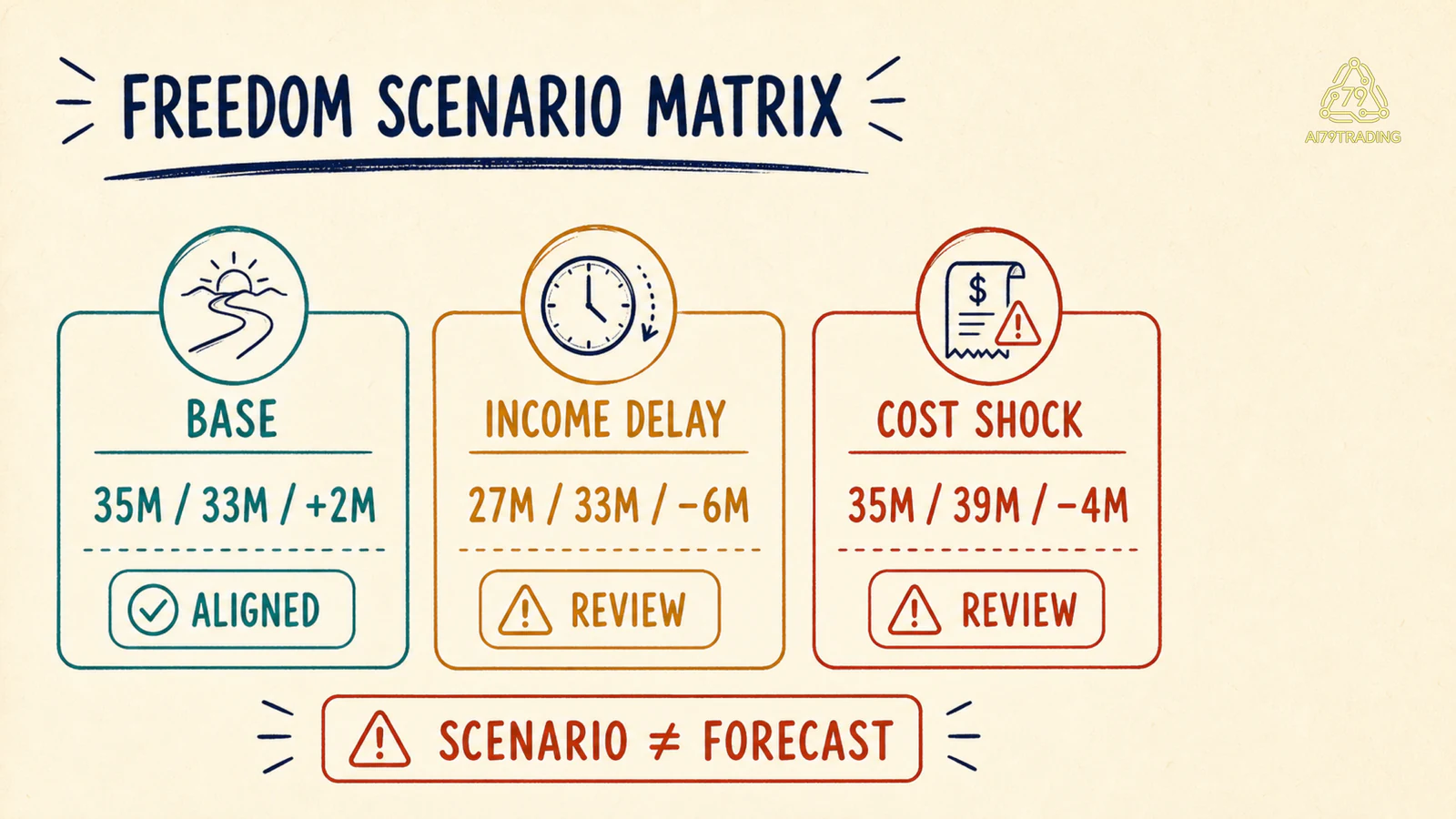 Scenario matrix ba trường hợp cho Financial Freedom Blueprint