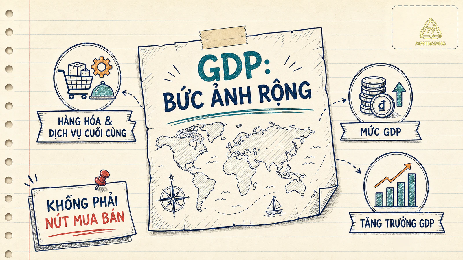 Bản đồ GDP gồm hàng hóa dịch vụ cuối cùng, mức và tốc độ tăng, cùng lời nhắc không dùng GDP như nút mua bán