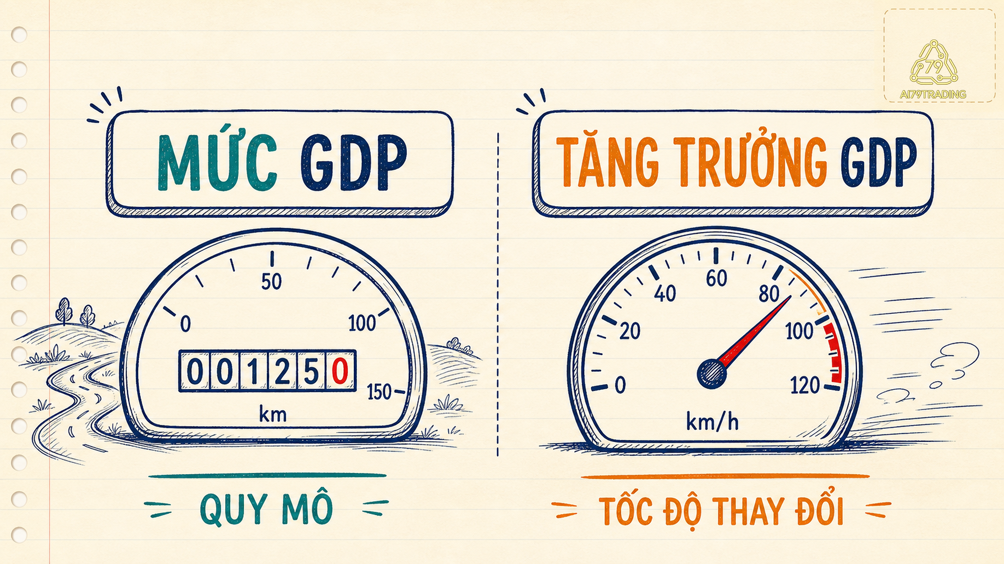 So sánh quãng đường đã đi với tốc độ đang chạy để giải thích mức GDP và tăng trưởng GDP