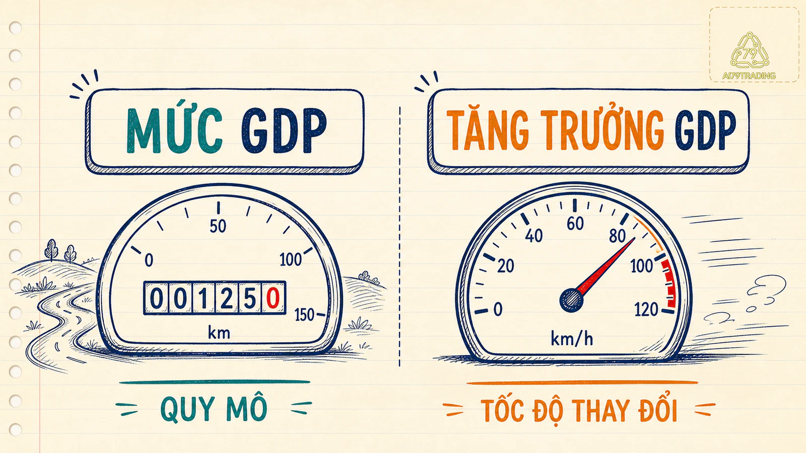 So sánh quãng đường đã đi với tốc độ đang chạy để giải thích mức GDP và tăng trưởng GDP