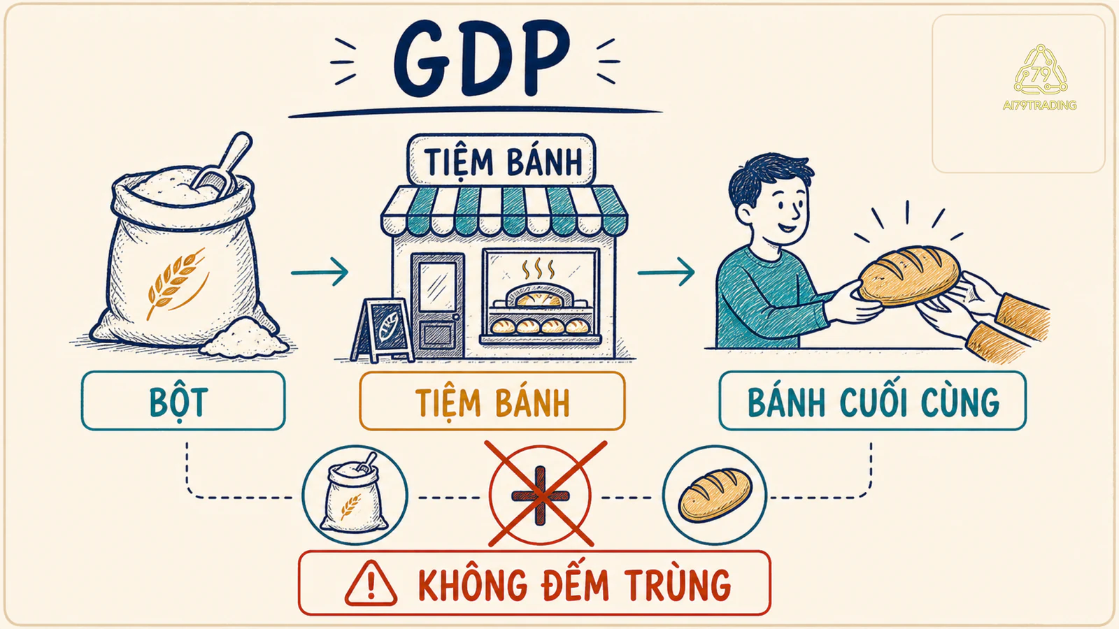 Bột đi qua tiệm bánh thành bánh cuối cùng minh họa GDP không đếm trùng đầu vào