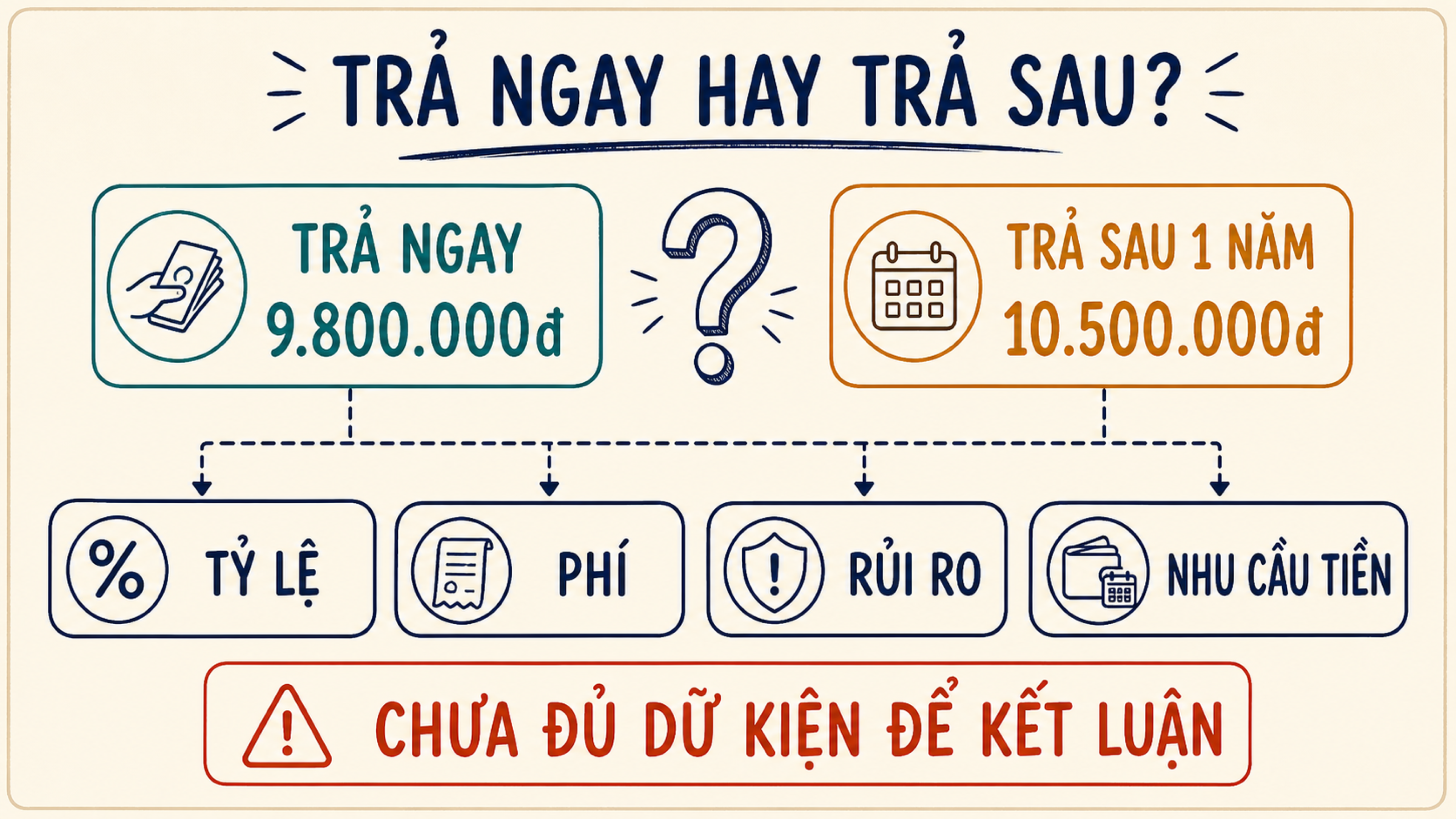Hai lựa chọn trả ngay và trả sau đi qua bốn bộ lọc tỷ lệ, phí, rủi ro và nhu cầu tiền