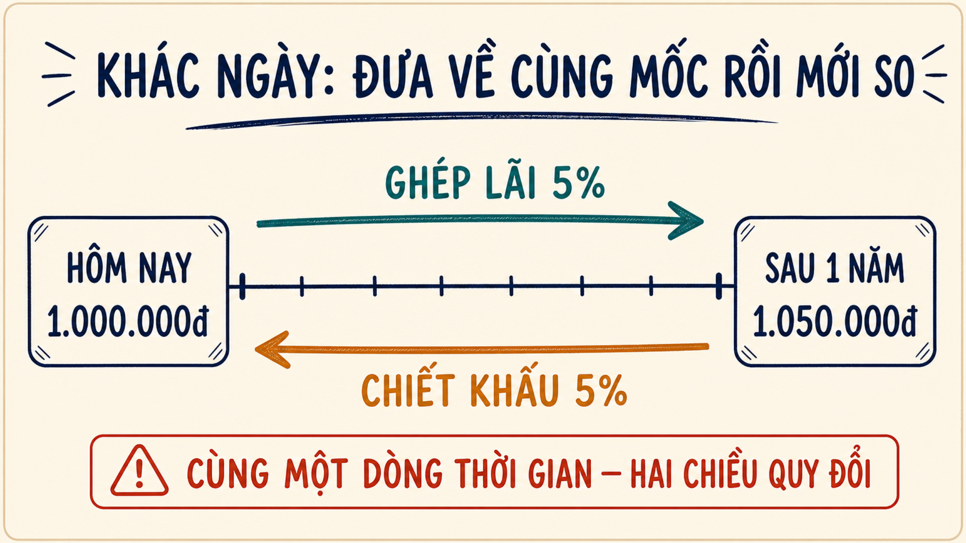 Dòng thời gian hai chiều giữa 1 triệu đồng hôm nay và 1 triệu 50 nghìn đồng sau một năm