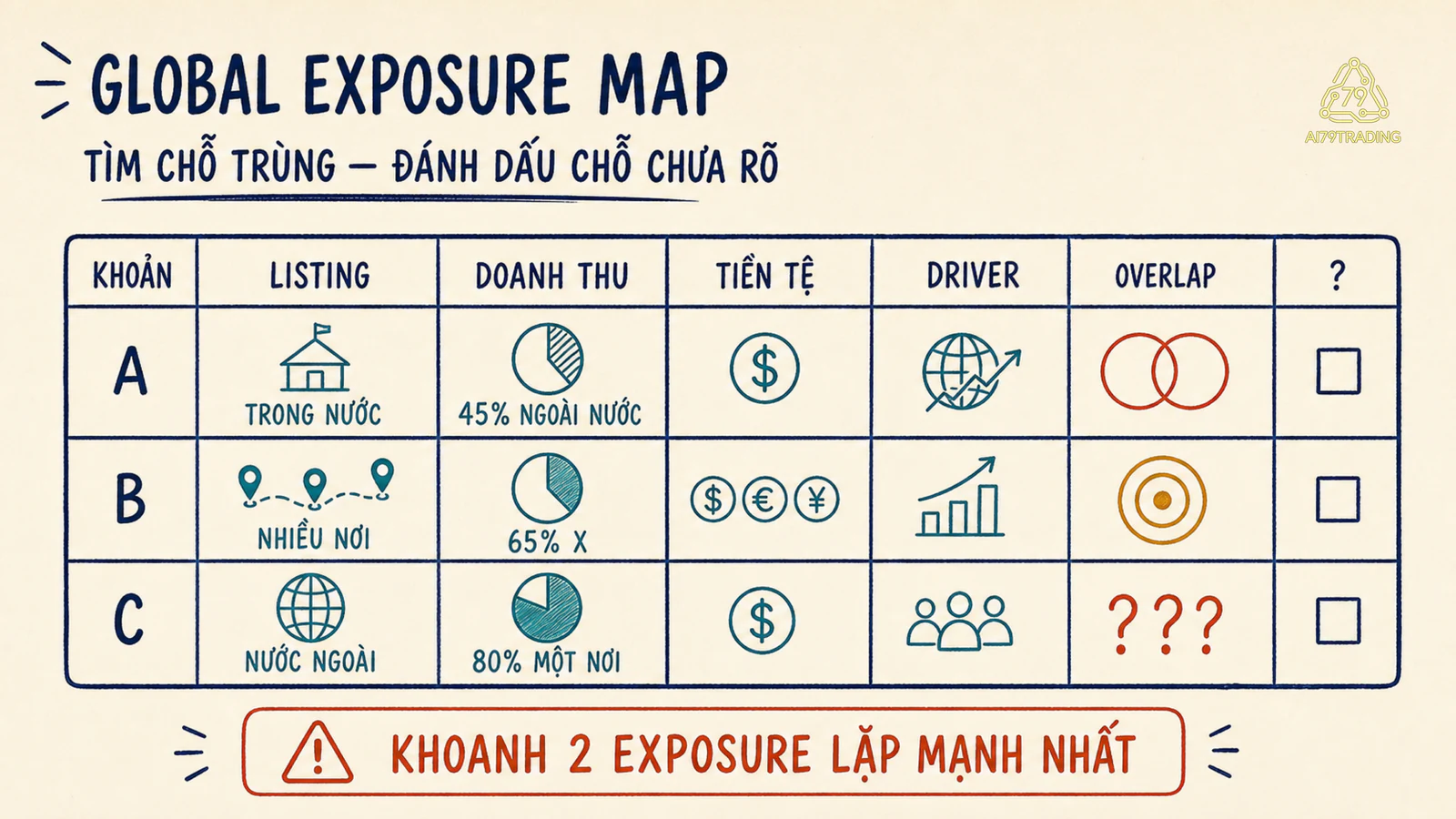 Thẻ thực hành Global Exposure Map với ba khoản nắm giữ giả định