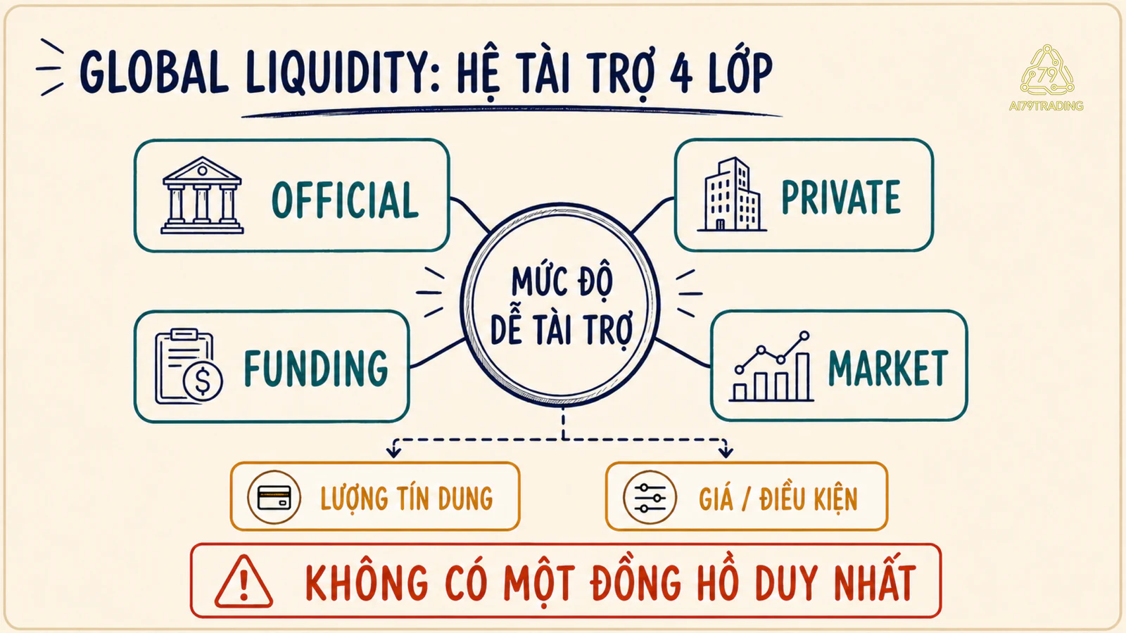 Sơ đồ bốn lớp official, private, funding và market liquidity cùng tạo nên mức độ dễ tài trợ toàn cầu