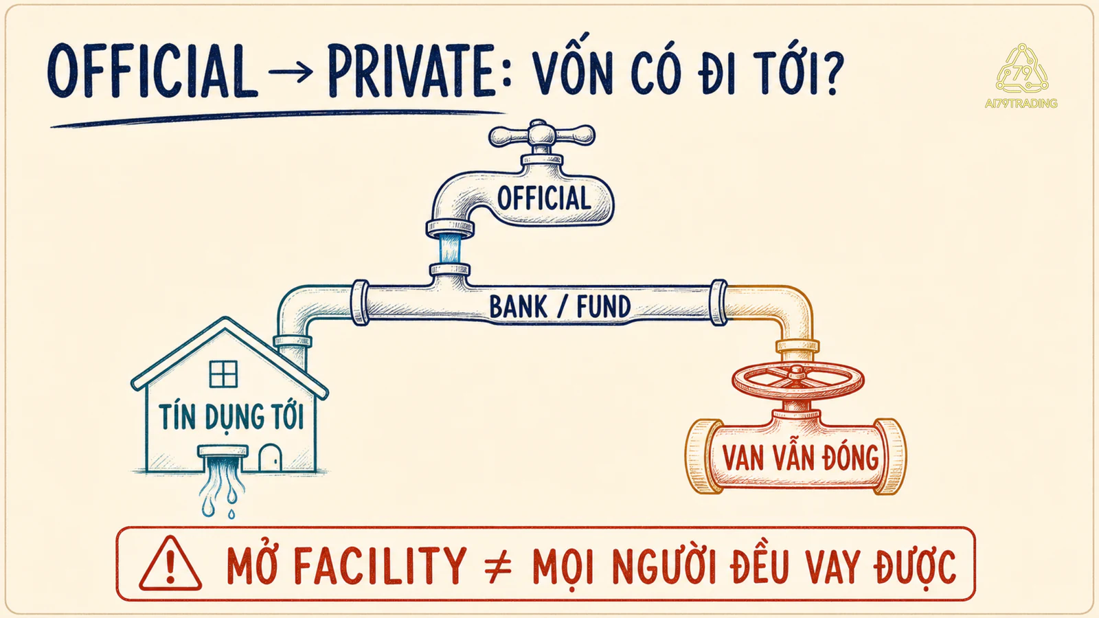 Sơ đồ vòi official liquidity nối qua đường ống private liquidity với trường hợp vốn chưa tới người vay