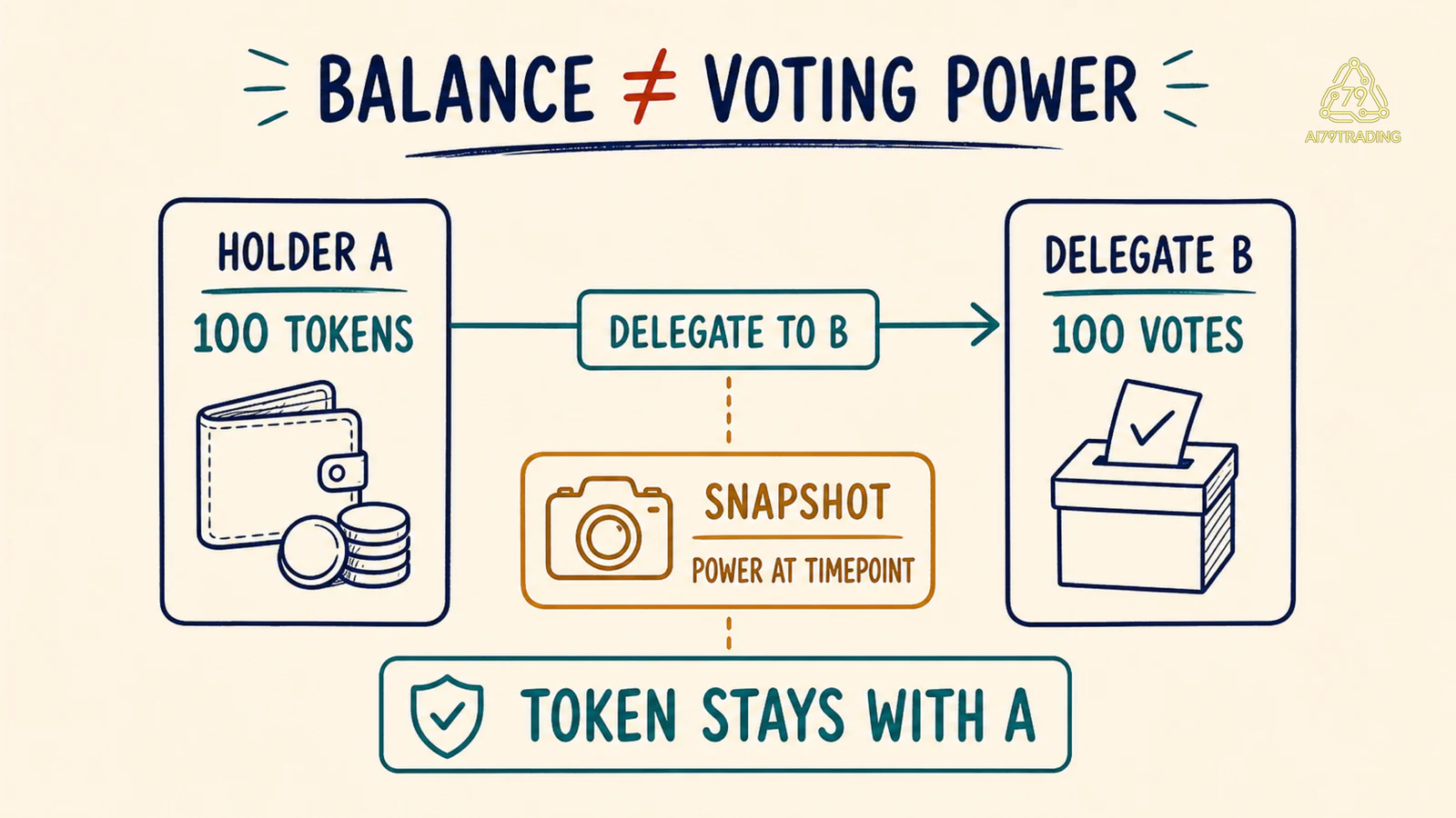 Sơ đồ token balance của holder khác delegated power và snapshot voting power