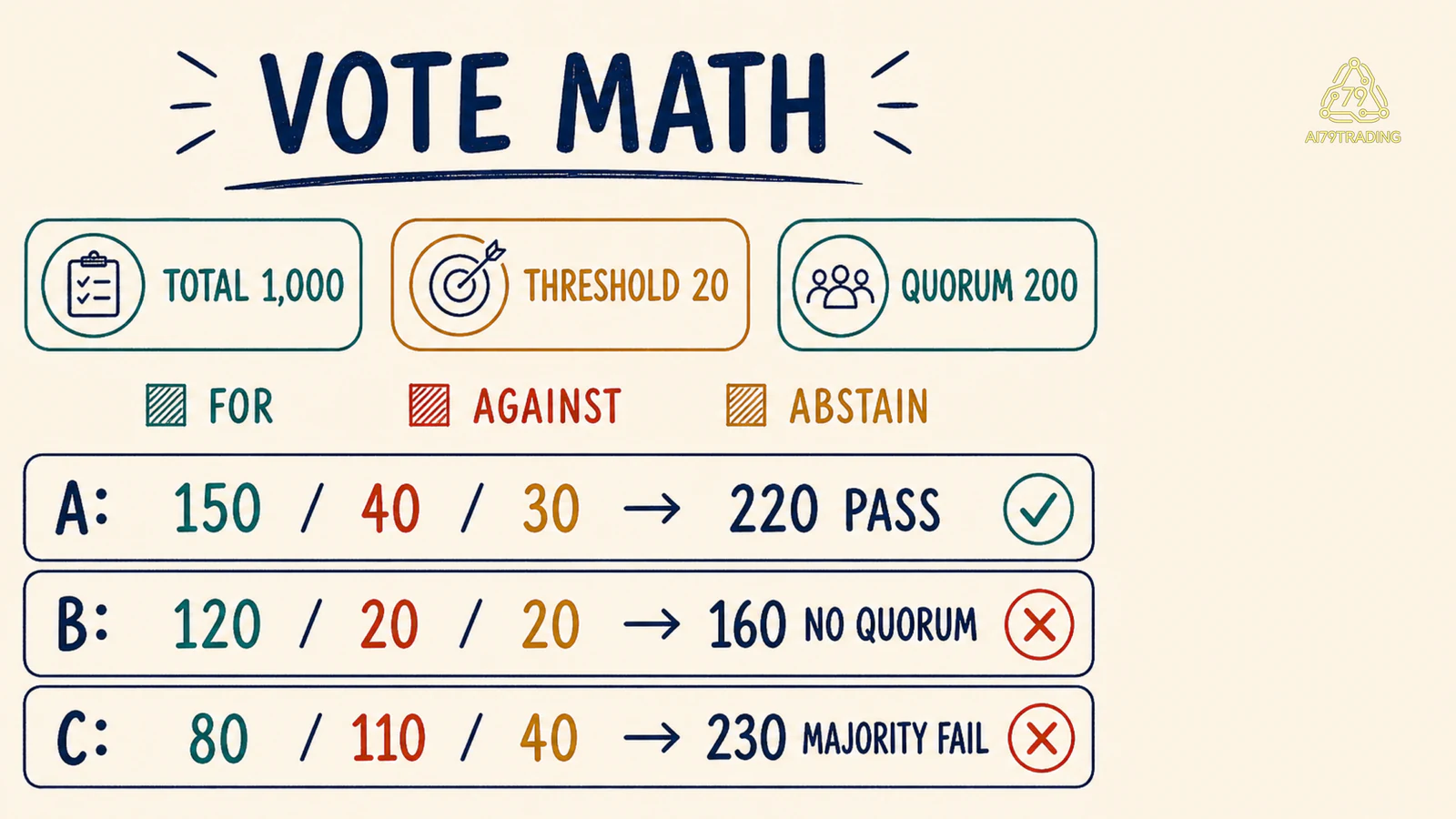 Thẻ vote math với tổng một nghìn, threshold hai mươi, quorum hai trăm và ba case kết quả