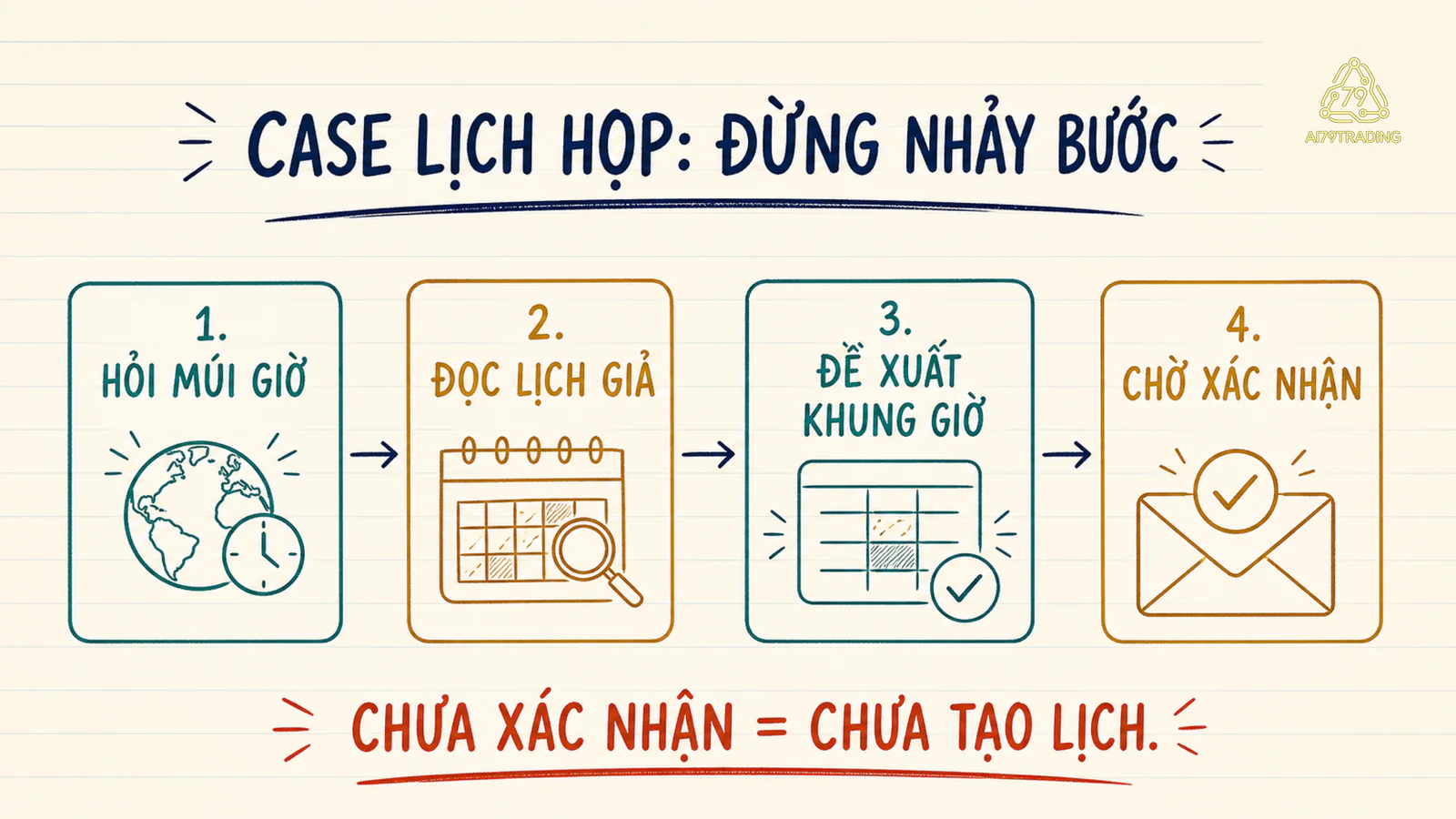 Bốn bước trợ lý lịch họp: hỏi múi giờ, đọc lịch giả, đề xuất khung giờ và chờ xác nhận trước khi tạo lời mời