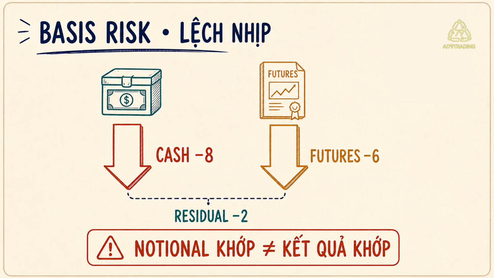 Sơ đồ cash giảm 8 nhưng futures chỉ giảm 6 để lại phần âm 2