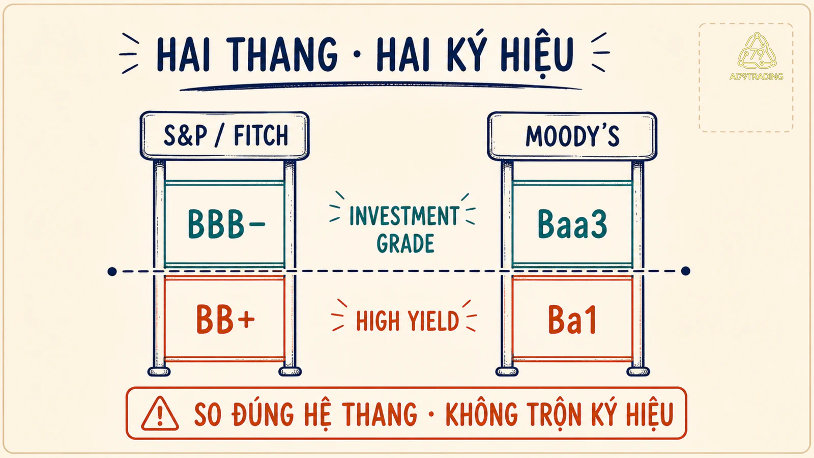 Hai thang rating tách riêng BBB trừ với BB cộng và Baa3 với Ba1, phần high yield nằm dưới ranh giới