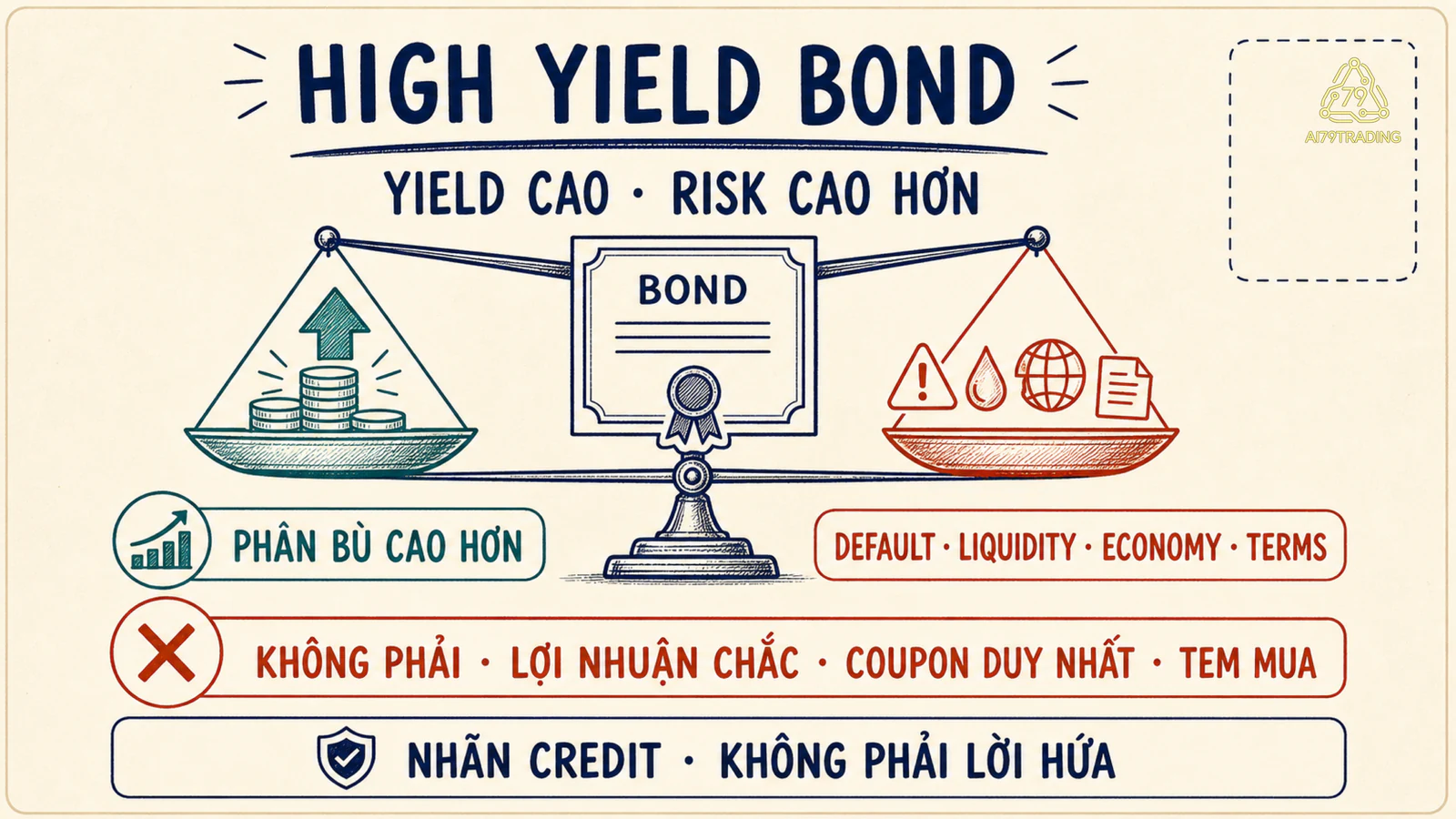 Cán cân cho thấy trái phiếu high yield có phần bù cao hơn đi cùng rủi ro tín dụng, thanh khoản, kinh tế và điều khoản cao hơn