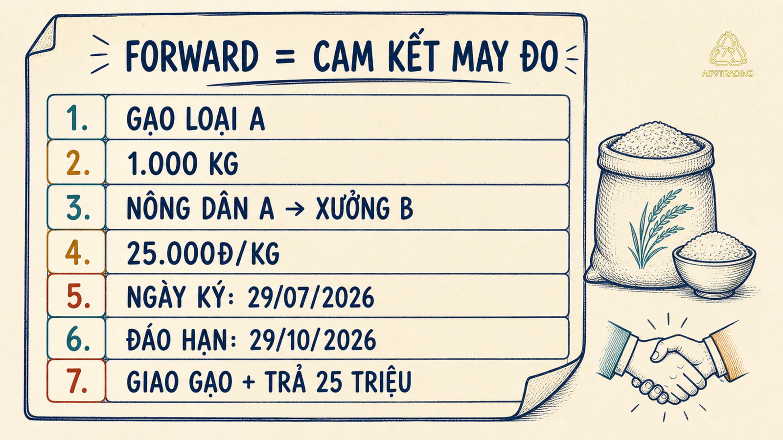 Tờ hợp đồng Forward gạo với bảy điều khoản về hai bên, giá, khối lượng, ngày và thanh toán