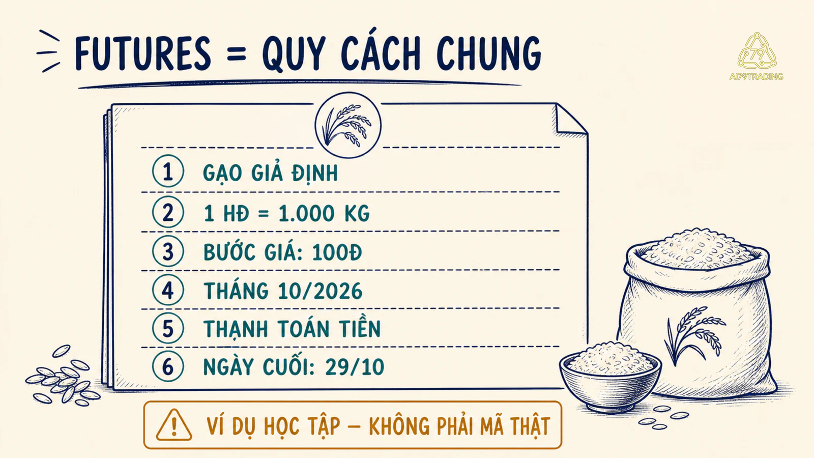 Thẻ hợp đồng Futures gạo giả định với sáu quy cách chuẩn hóa