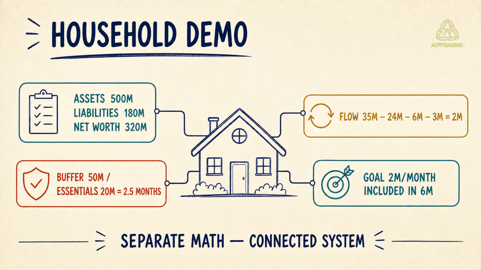 Bản đồ demo household nối snapshot flow protection và goal