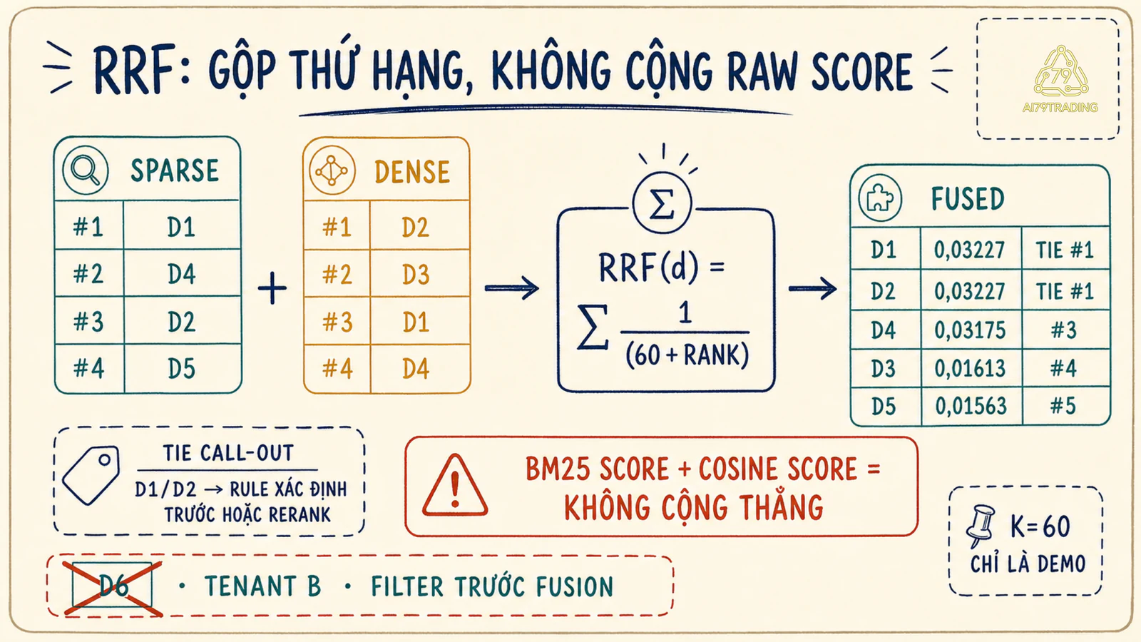 Bảng RRF hợp nhất danh sách sparse và dense với tie D1 D2 và filter tenant D6