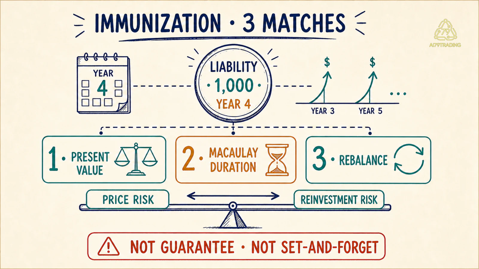 Sơ đồ immunization khớp giá trị hiện tại, Macaulay duration và tái cân bằng cho nghĩa vụ 1.000 ở năm 4