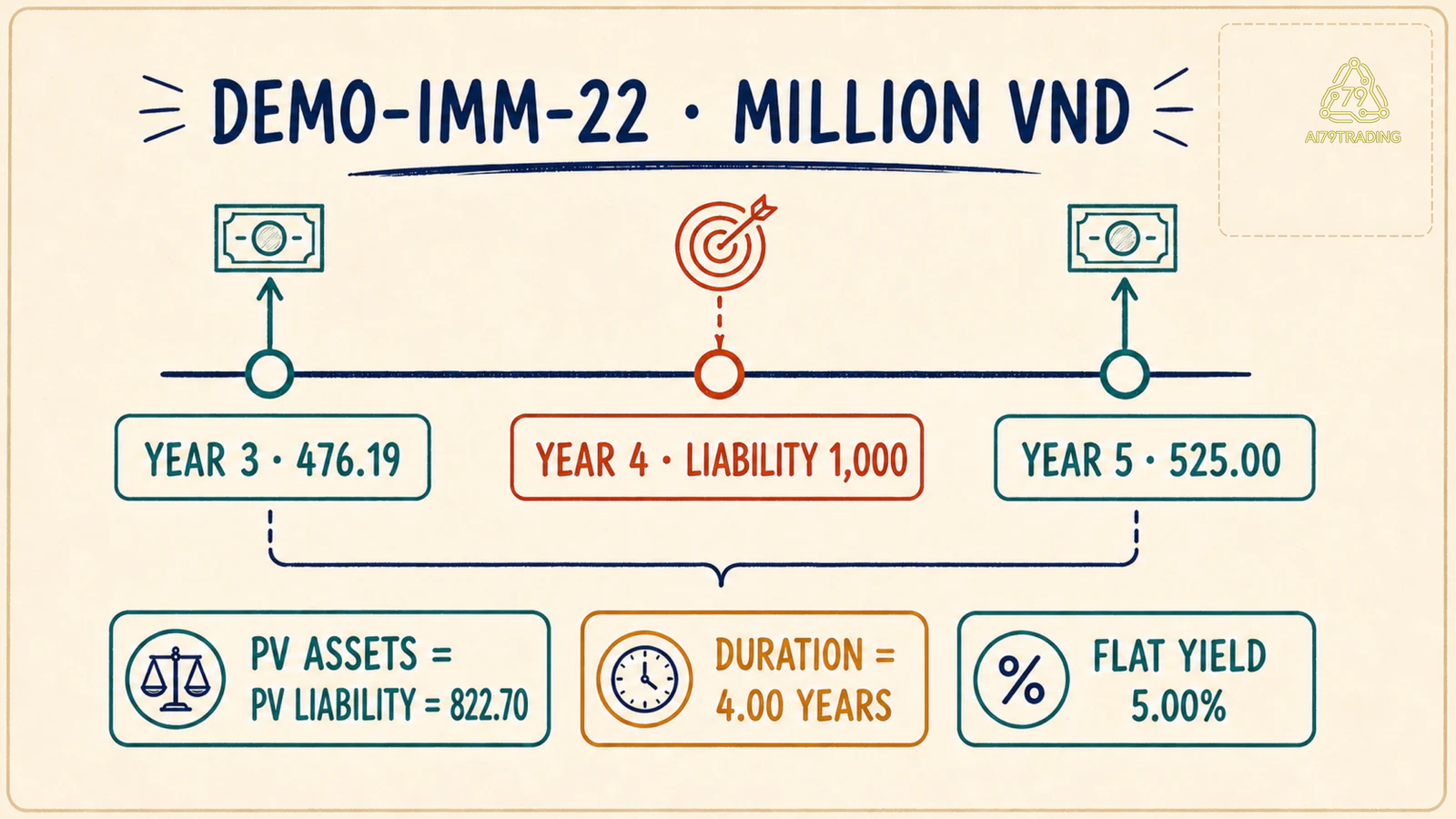 Timeline hai cash flow năm 3 và 5 bao quanh nghĩa vụ 1.000 ở năm 4